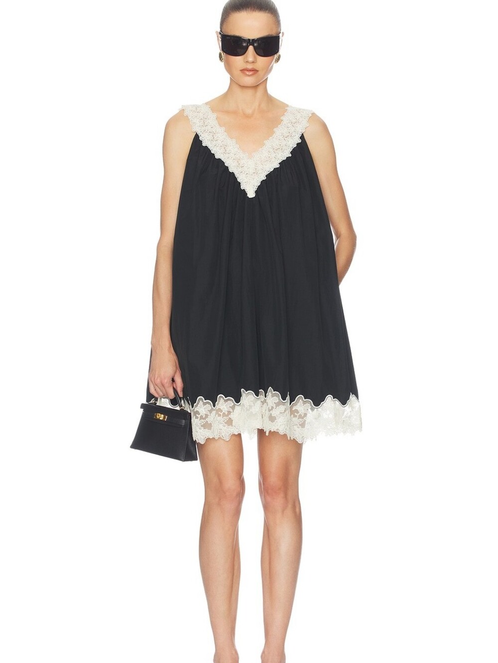 Helsa Mini Dress With Lace in Tech Poplin in Black With Cream Lace
